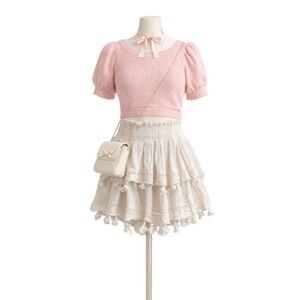 Ramy Brook New York Smocked Mini Skirt Ruffle Tiered Tassels Beige‎ Gold Boho